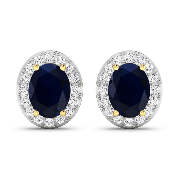 14K Yellow Gold Earrings 2.6 Carat Blue Sapphire Oval Cut with White Diamond  0.448ct (Vault_Q) 