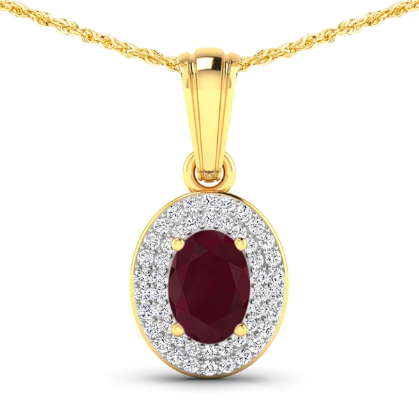 14K Yellow Gold  Chain Pendant 0.85 Carat Ruby Oval Cut with White Diamond  0.168ct (Vault_Q) 