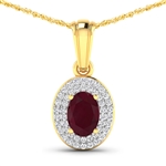 14K Yellow Gold  Chain Pendant 0.85 Carat Ruby Oval Cut with White Diamond  0.168ct (Vault_Q) 