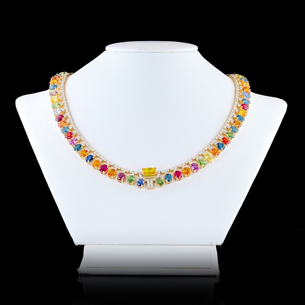 59.17ctw MultiColor Sapphire and 6.27ctw Diamond 14K Yellow Gold Necklace (Vault_R51) 