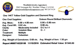 14KT. Gold, 0.62CT Oval Cut Sapphire and 0.06CT Round Brilliant Cut Diamond Ring