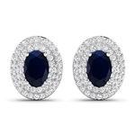 14K White Gold Earrings 1.16 Carat Blue Sapphire Oval 6x4mm Cut with White Diamond  0.315ct (Vault_Q) 