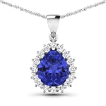 14K White Gold 18 Chain Pendant 3.25 Carat Tanzanite Pears Cut with White Diamond  0.48ct (Vault_Q) 