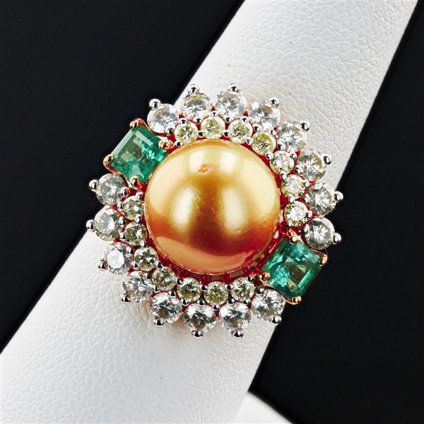 App: $13,787 11m GOLDEN South Sea Pearl, 0.80ctw Emerald and 1.83ctw Diamond 18K Yellow Gold Ring (Vault_RR01) 