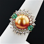 App: $13,787 11m GOLDEN South Sea Pearl, 0.80ctw Emerald and 1.83ctw Diamond 18K Yellow Gold Ring (Vault_RR01) 