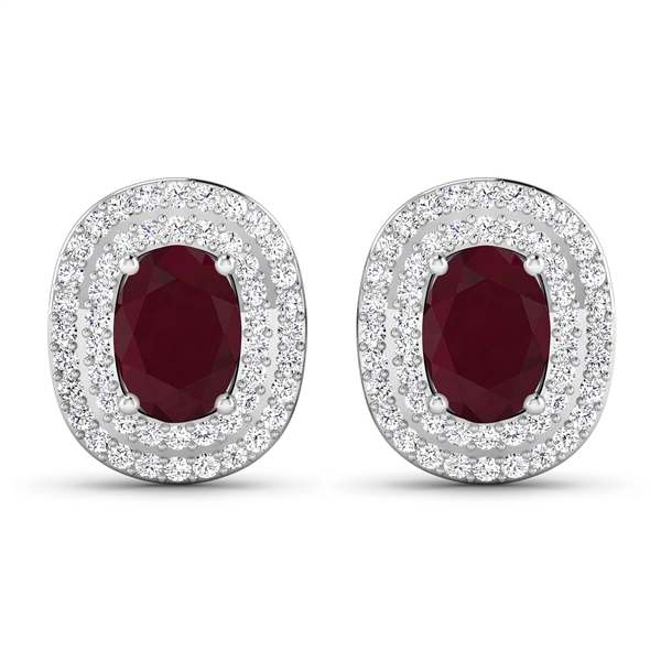 14K White Gold Earrings 1.7 Carat Ruby Oval Cut with White Diamond  0.4545ct (Vault_Q) 