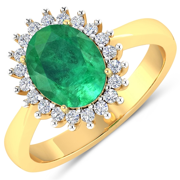 14K Yellow Gold Ring 1 Carat Zambian Emerald Oval Cut with White Diamond  0.187ct (Vault_Q) 