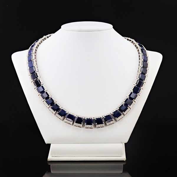 134.48ctw Blue Sapphire and 14.82ctw Diamond 14K White Gold Necklace (Vault_R51) 