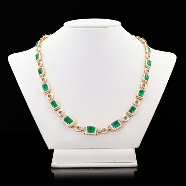 23.54ctw Emerald and 2.04ctw Diamond 14K Yellow Gold Necklace with White Enamel (Vault_R51) 