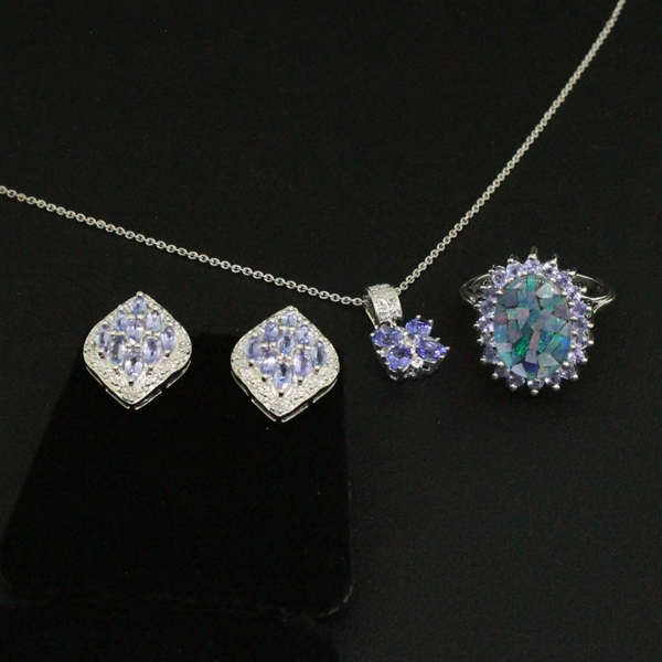 Opal Ring size 7, Tanzanite Earrings and Pendant Sterling Silver Collection 