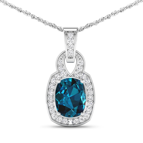 14K White Gold 18 Chain Pendant 1.95 Carat London Blue Topaz Cushion Cut with White Diamond  0.25ct (Vault_Q) 