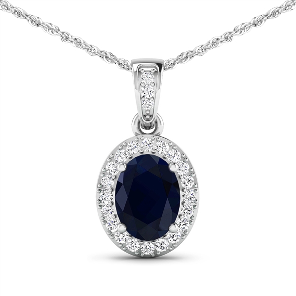 14K White Gold 18 Chain Pendant 1.3 Carat Blue Sapphire Oval Cut with White Diamond  0.18ct (Vault_Q) 