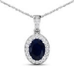 14K White Gold 18 Chain Pendant 1.3 Carat Blue Sapphire Oval Cut with White Diamond  0.18ct (Vault_Q) 