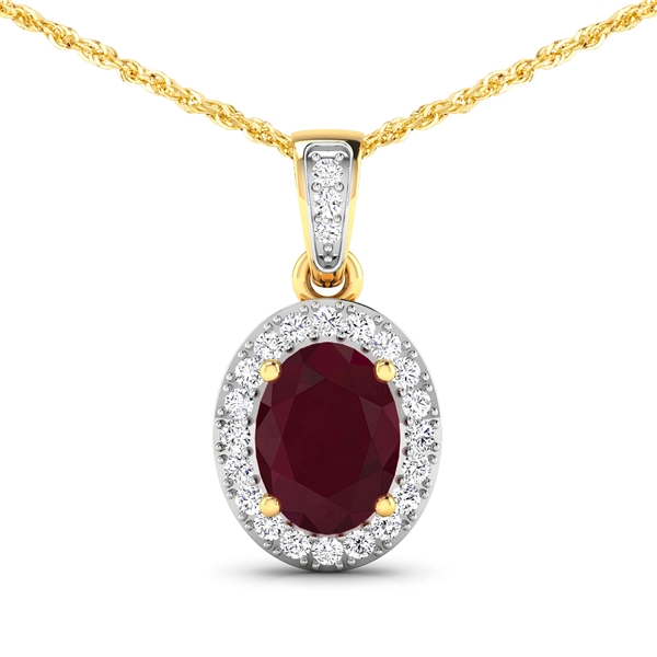 14K Yellow Gold 18 Chain Pendant 1.5 Carat Ruby Oval Cut with White Diamond  0.18ct (Vault_Q) 