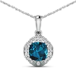 14K White Gold 18 Chain Pendant 2.15 Carat London Blue Topaz Cushion Cut with White Diamond  0.09ct (Vault_Q) 