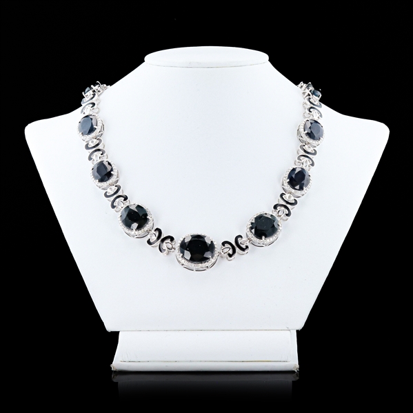 109.15ctw Dark Blue Sapphire and 2.97ctw Diamond 18K White Gold Necklace (Vault_R52) 