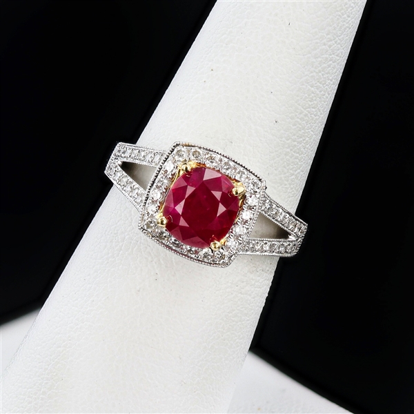 2.12ct BURMESE Ruby and 0.84ctw Diamond 18K White and Yellow Gold Ring (GIA CERTIFIED) (Vault_R52) 