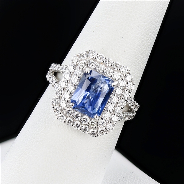 3.00ct Blue Sapphire and 1.38ctw Diamond 18K White Gold Ring (GIA CERTIFIED) (Vault_R52) 