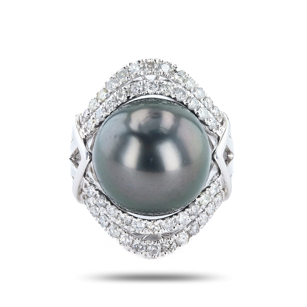 14mm South Sea Cultured Pearl and 1.09ctw Diamond Platinum Ring (Vault_R52) 