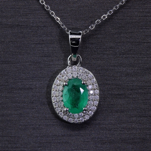 Remarkable Zambian Emerald Pendant with Diamonds and 14kt White Gold Necklace! (Vault_Q) 