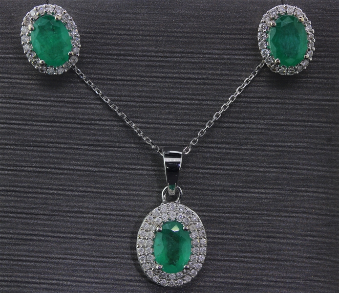 White Gold Emerald Set! High Quality Emeralds 1.68ctw Earrings and Pendant with Diamonds and Chain! (Vault_Q)