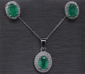 White Gold Emerald Set! High Quality Emeralds 1.68ctw Earrings and Pendant with Diamonds and Chain! (Vault_Q)