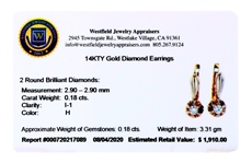 14KT Yellow Gold 0.18CT Diamond Earrings Mesmerizing Piece! -PNR-