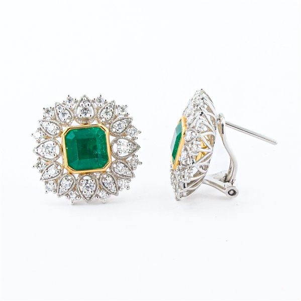 3.97ctw Emerald and 1.17ctw Diamond Platinum and 18K Yellow Gold Earrings (Vault_R52) 