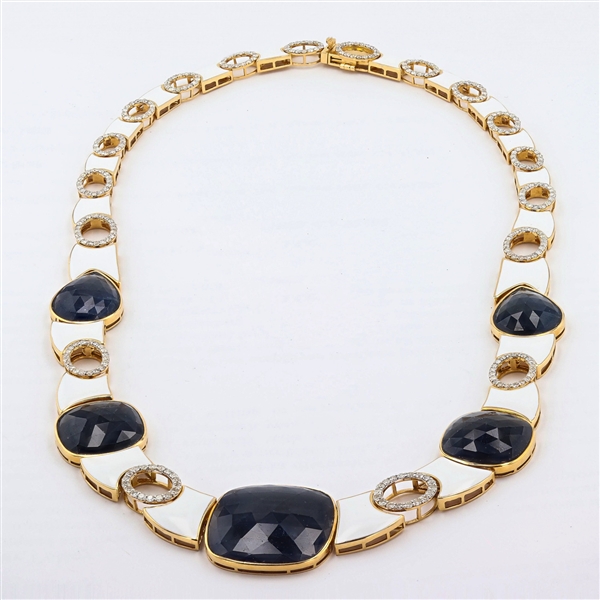 89.40ctw UNHEATED Blue Sapphire and 4.71ctw Diamond 18K Yellow Gold Necklace with White Enamel (GIA CERTIFIED) (Vault_R52) 