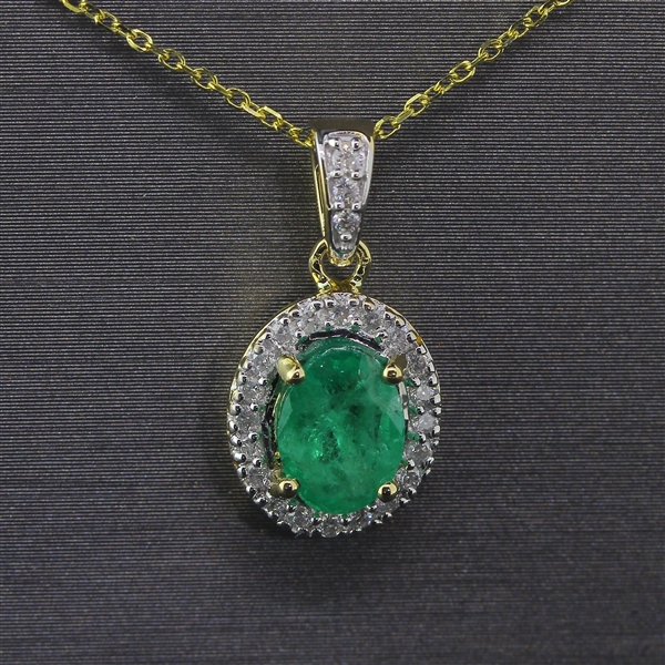 Auction Opportunity! 14KT Yellow Gold Pendant with Chain Featuring 1 Carat Zambian Emerald Stone and Diamonds! (Vault_Q)