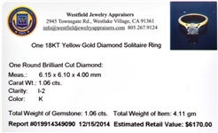 18KT Gold 1.06CT Round Cut Diamond Ring