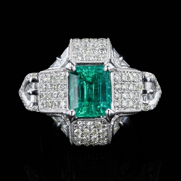 3.43ct Emerald and 2.37ctw Diamond Platinum Ring (Vault_R52) 