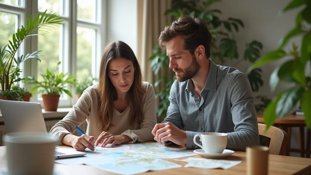 Focused couple planning undeveloped land auction strategy — at table with maps and laptop in bright living room, collaborative and determined, natural greens and warm wood textures.