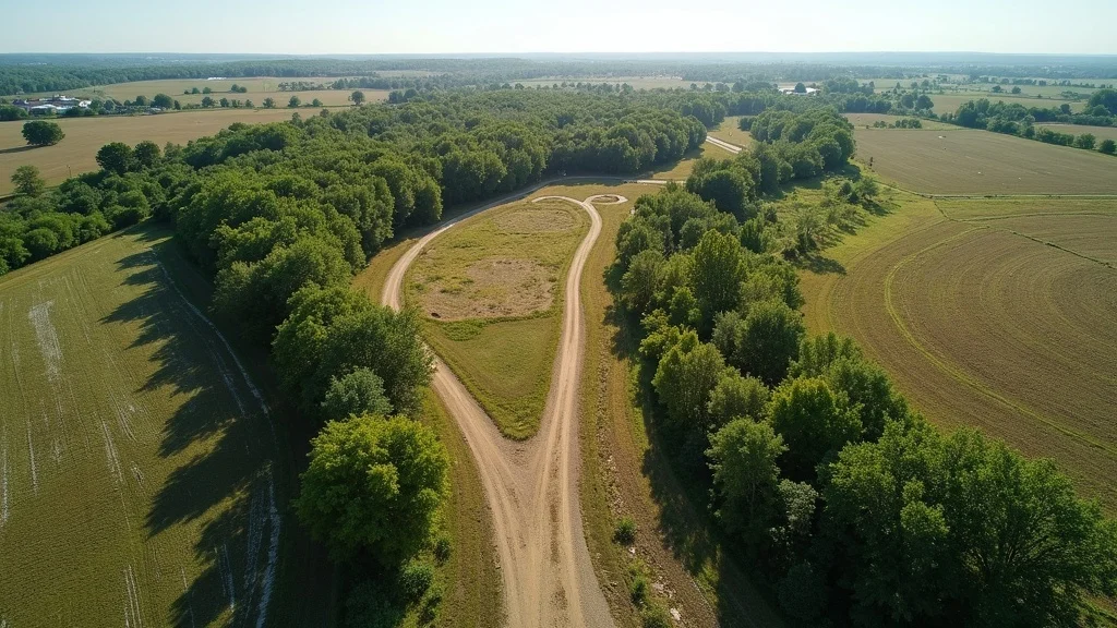 Aerial view of a small parcel of undeveloped land showing natural boundaries—open fields, forests, trailheads, sunlight and soft shadows among realistic foliage.