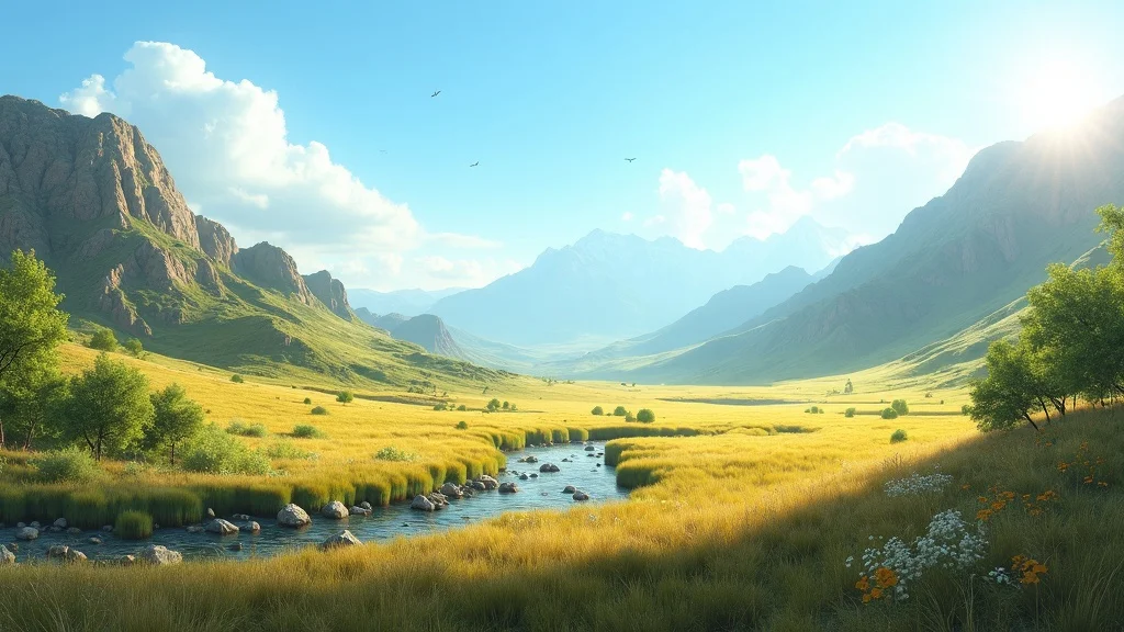 Diverse undeveloped land types — patchwork of forest, prairie, hillside, and creek, panoramic view, rich earth textures under a clear blue sky.