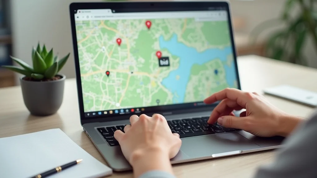 Hands using laptop on land auction site, map and land parcels visible, showing direct and user-friendly online bidding