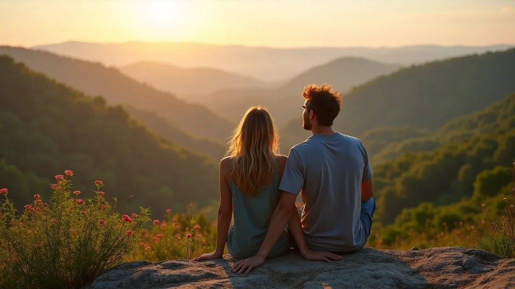 Adventurous couple sitting on a rocky outcrop, overlooking the scenic Ozark landscape with rolling forests, wildflowers, and golden sunset lighting.
