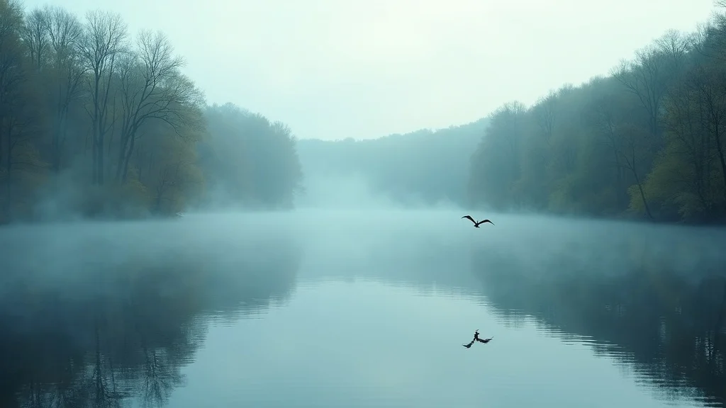 Tranquil Arkansas lake surrounded by forest, mist rising off still water at dawn, with dynamic reflections and birds in flight, under soft early morning light.