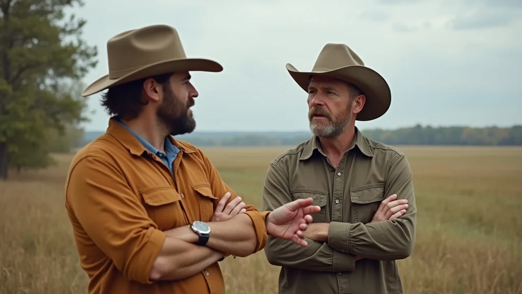 Local real estate expert and client at Arkansas property, discussing features by a tree line and open farmland.