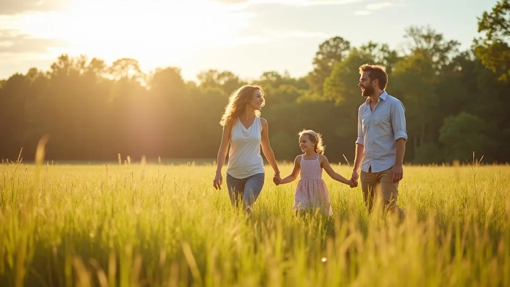 Modern family exploring an open field in Arkansas, walking and pointing at trees, in a sunlit meadow with a forest backdrop and gently waving grass.