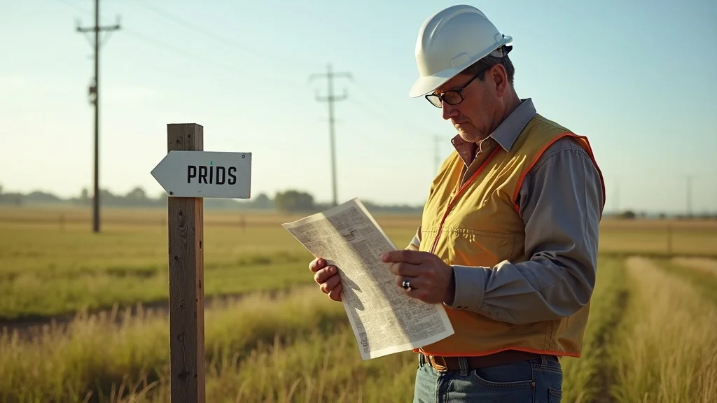 Professional land surveyor with Arkansas map, focused on examining a property boundary in open fields with utility poles under bright sunlight.