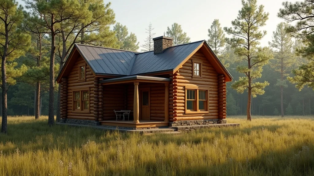 Cozy rustic cabin partially built on undeveloped Arkansas land, surrounded by tall grass, pine forest, and gentle sunlight filtering through trees.