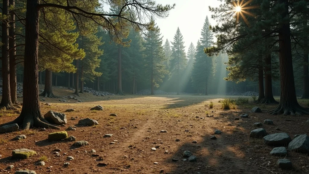Rustic forest clearing showing undeveloped land for sale: open plot with tall pines, sun-dappled earth, and untouched woods, perfect for grid land buyers.