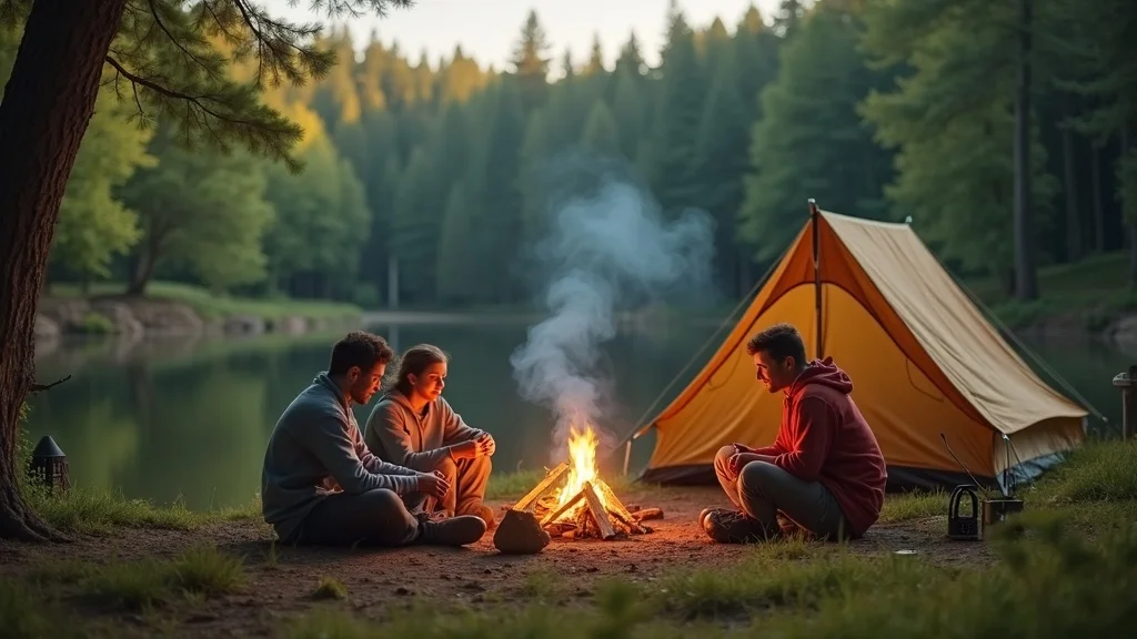 Inviting retreat on undeveloped land for sale: family at campfire beside river, tent in woods, ideal example of off grid grid land living.