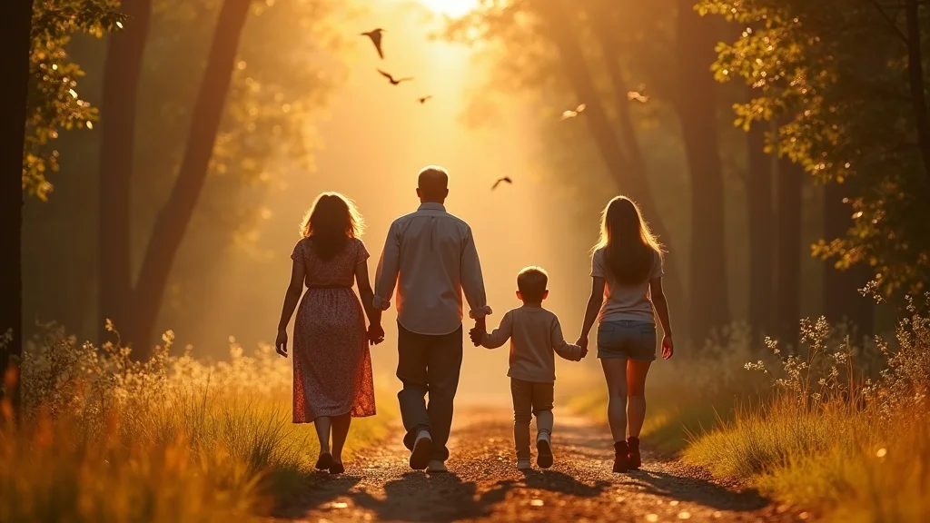 Multi-generational family walking together on undeveloped Arkansas land, symbolizing the legacy value of vacant land in Arkansas
