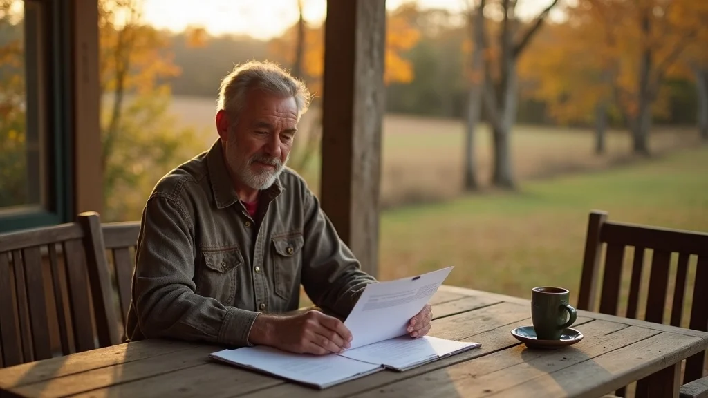 Arkansas landowner reviewing property tax documents outdoors—highlighting the low ongoing costs of owning undeveloped land in Arkansas