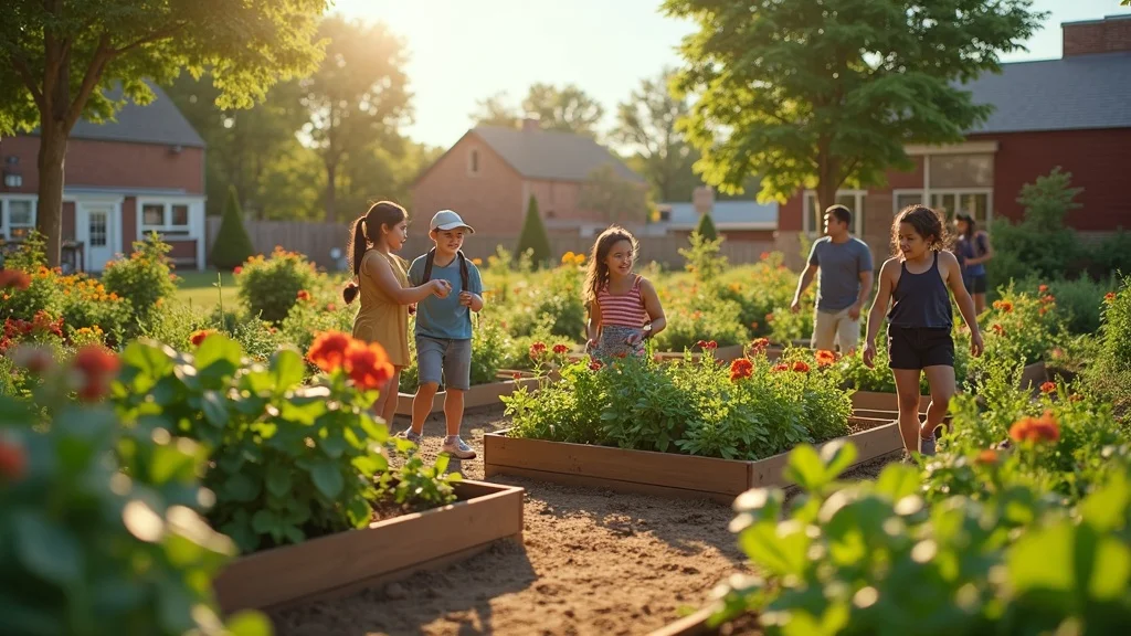 City community garden in Arkansas—neighbors working together in raised beds with vegetables, set in a sunny urban lot