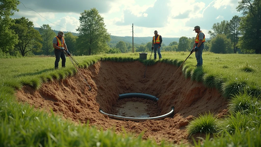 Photorealistic image of a mound septic system installed on grassy raw land with visible layers, vent pipes, and workers inspecting the system.