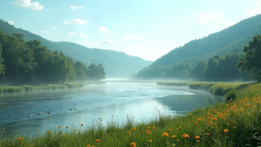 ozark scenery, majestic arkansas landscape, peaceful rivers, tranquil forested hills, state park, wildflowers, morning mist, photorealistic, rich green blue hues, wide-angle vista, ultra-high realism, no text