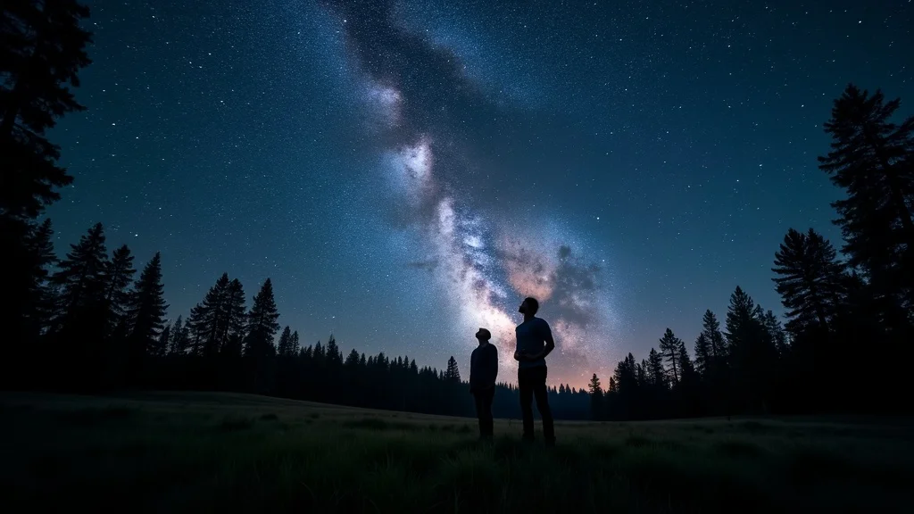 Expansive Milky Way over Modoc National Forest with awestruck observers standing in an open meadow, ringed by dark pine trees under a moonless sky.